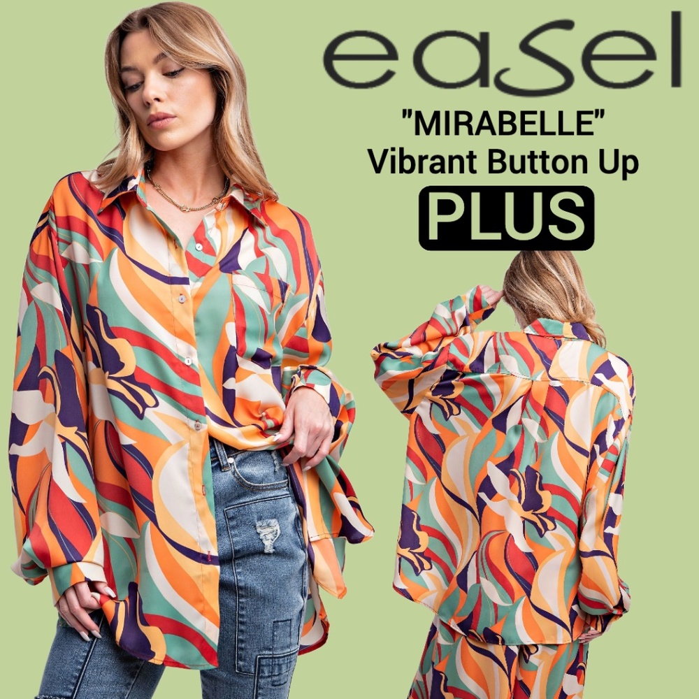 EASEL "Mirabelle" Dull Satin Geo Print Vibrant Colored Button Up Collared Cuffed